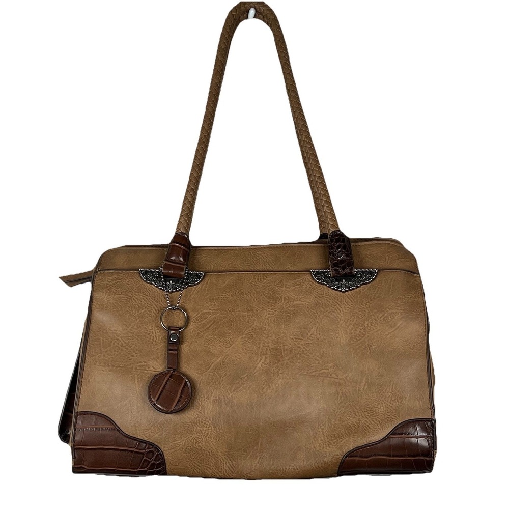 Bueno Tan Brown Faux Leather Western Shoulder Bag Croc Trim Filigree Hardware